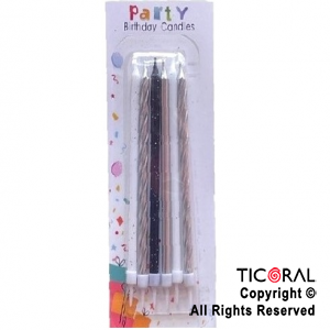 VELA BLISTER PLATA BLANCO Y NEGRO CON BRILLO 12 CM x 6 UNIDADES